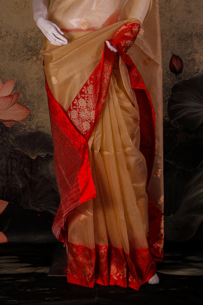 Pure Kora Silk Saree with Rich Katan Border – Handwoven Banarasi Elegance