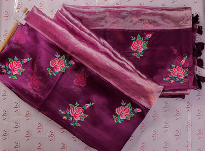 Rose Plum Tissue Silk Saree with Kora Border & Handworked Petit Point Embroidery