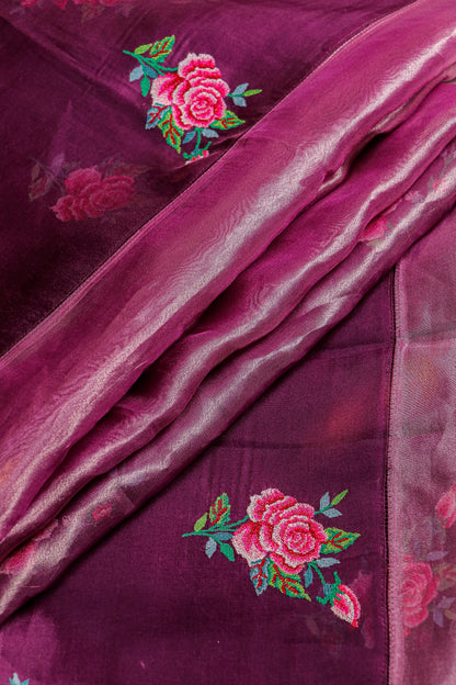 Rose Plum Tissue Silk Saree with Kora Border & Handworked Petit Point Embroidery