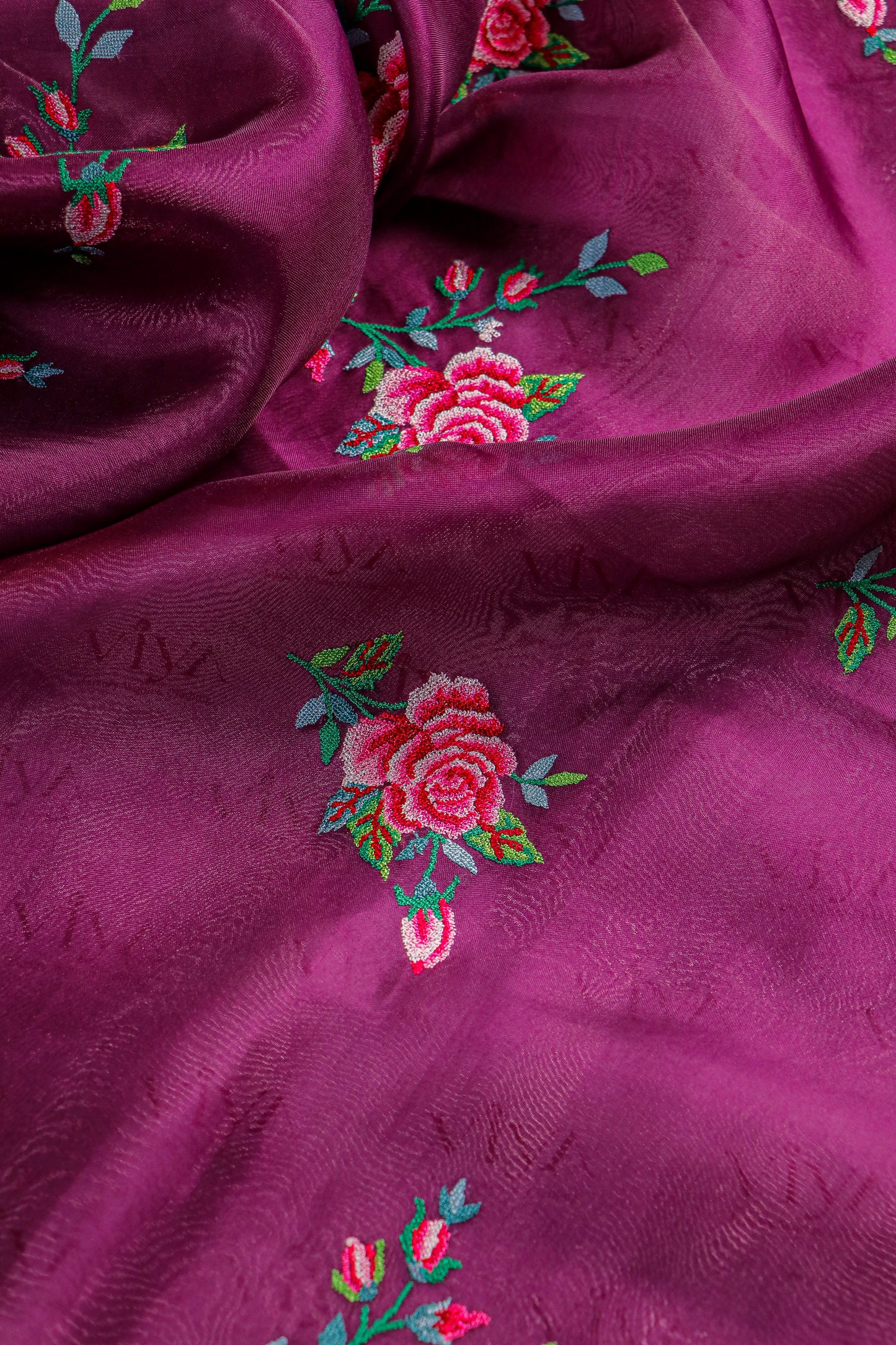 Rose Plum Tissue Silk Saree with Kora Border & Handworked Petit Point Embroidery
