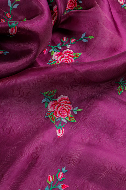 Rose Plum Tissue Silk Saree with Kora Border & Handworked Petit Point Embroidery