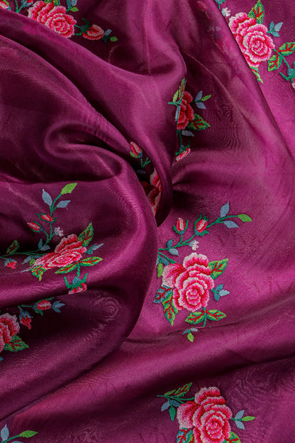 Rose Plum Tissue Silk Saree with Kora Border & Handworked Petit Point Embroidery