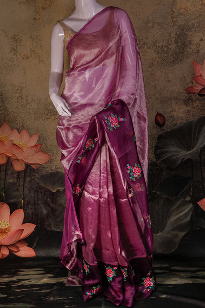 Rose Plum Tissue Silk Saree with Kora Border & Handworked Petit Point Embroidery