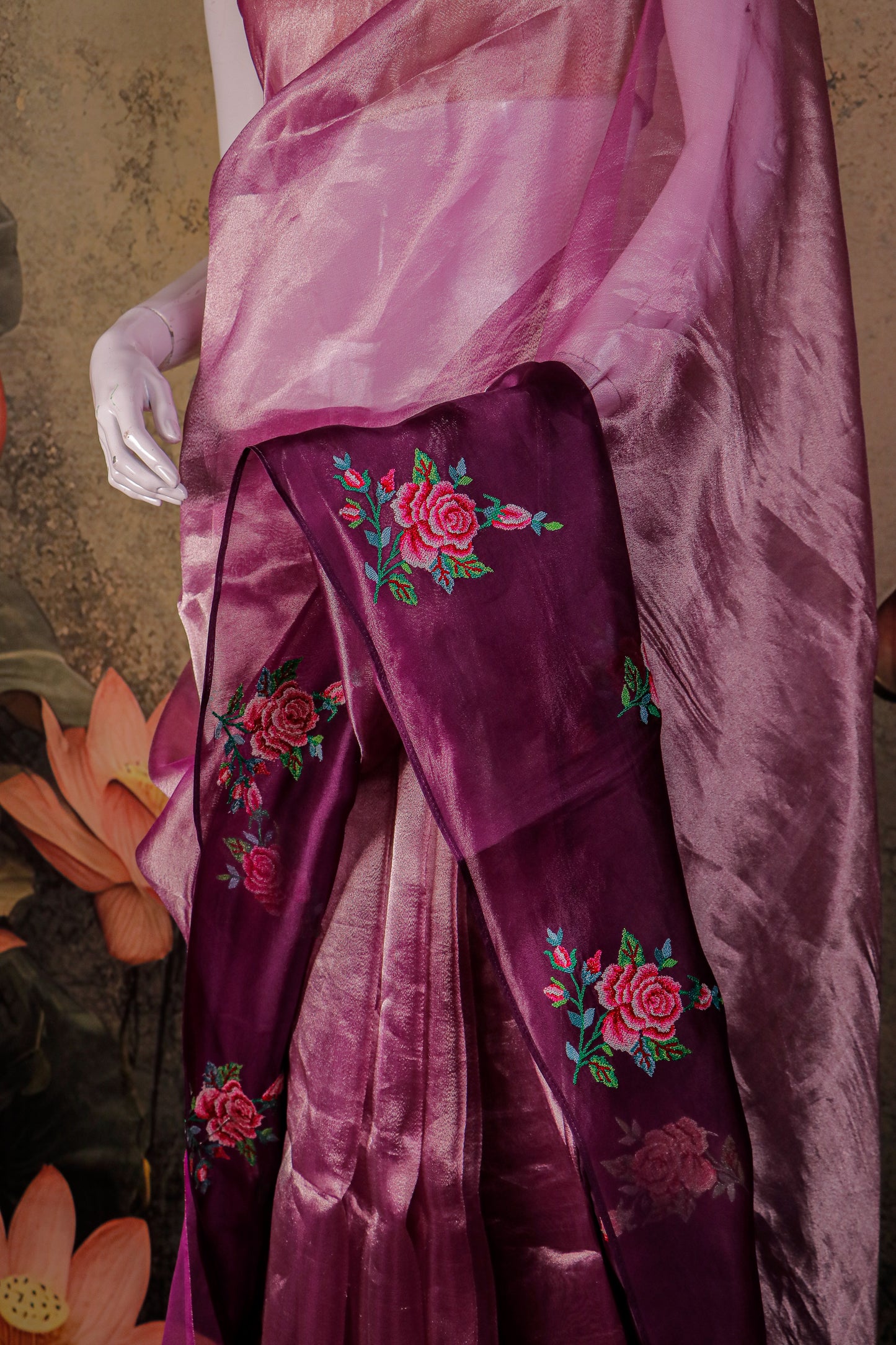 Rose Plum Tissue Silk Saree with Kora Border & Handworked Petit Point Embroidery