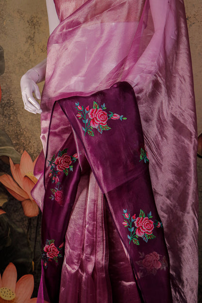 Rose Plum Tissue Silk Saree with Kora Border & Handworked Petit Point Embroidery