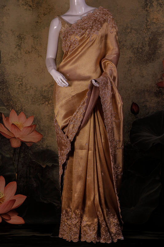 Pure Kanjivaram Tissue Silk Saree with Hand Zardosi Embroidery – Bridal Gold Couture Drape