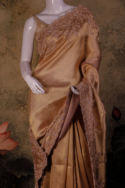 Pure Kanjivaram Tissue Silk Saree with Hand Zardosi Embroidery – Bridal Gold Couture Drape