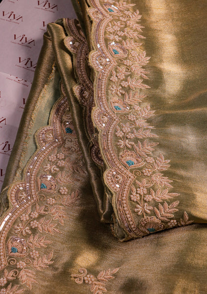 Sage Gold Silk Saree with Hand-Embroidered Scalloped Border