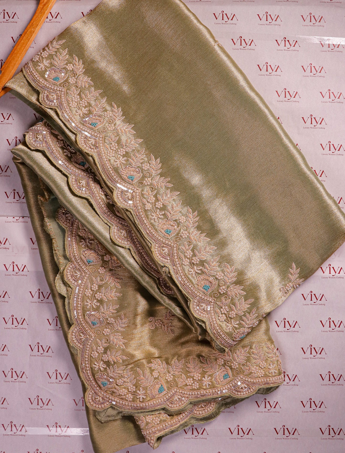 Sage Gold Silk Saree with Hand-Embroidered Scalloped Border