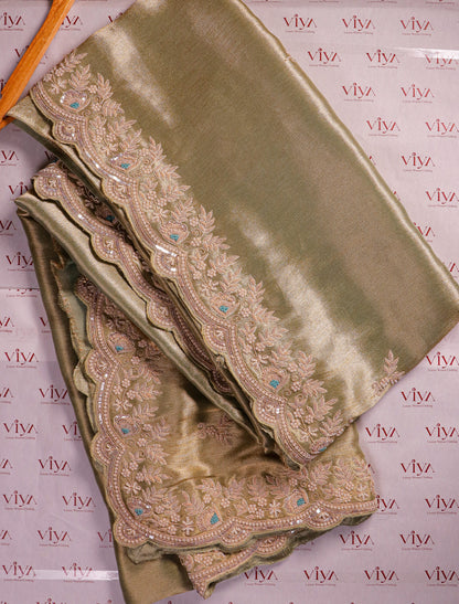 Sage Gold Silk Saree with Hand-Embroidered Scalloped Border
