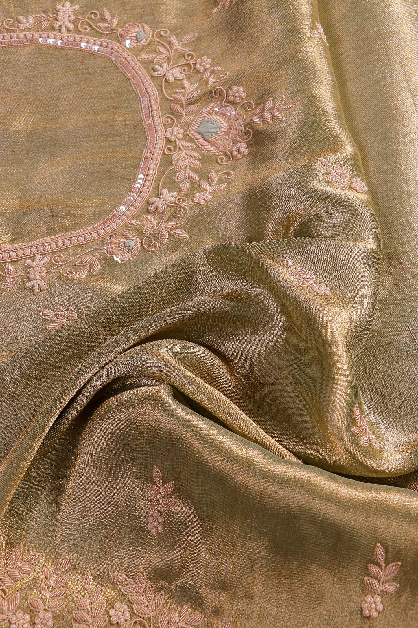 Sage Gold Silk Saree with Hand-Embroidered Scalloped Border