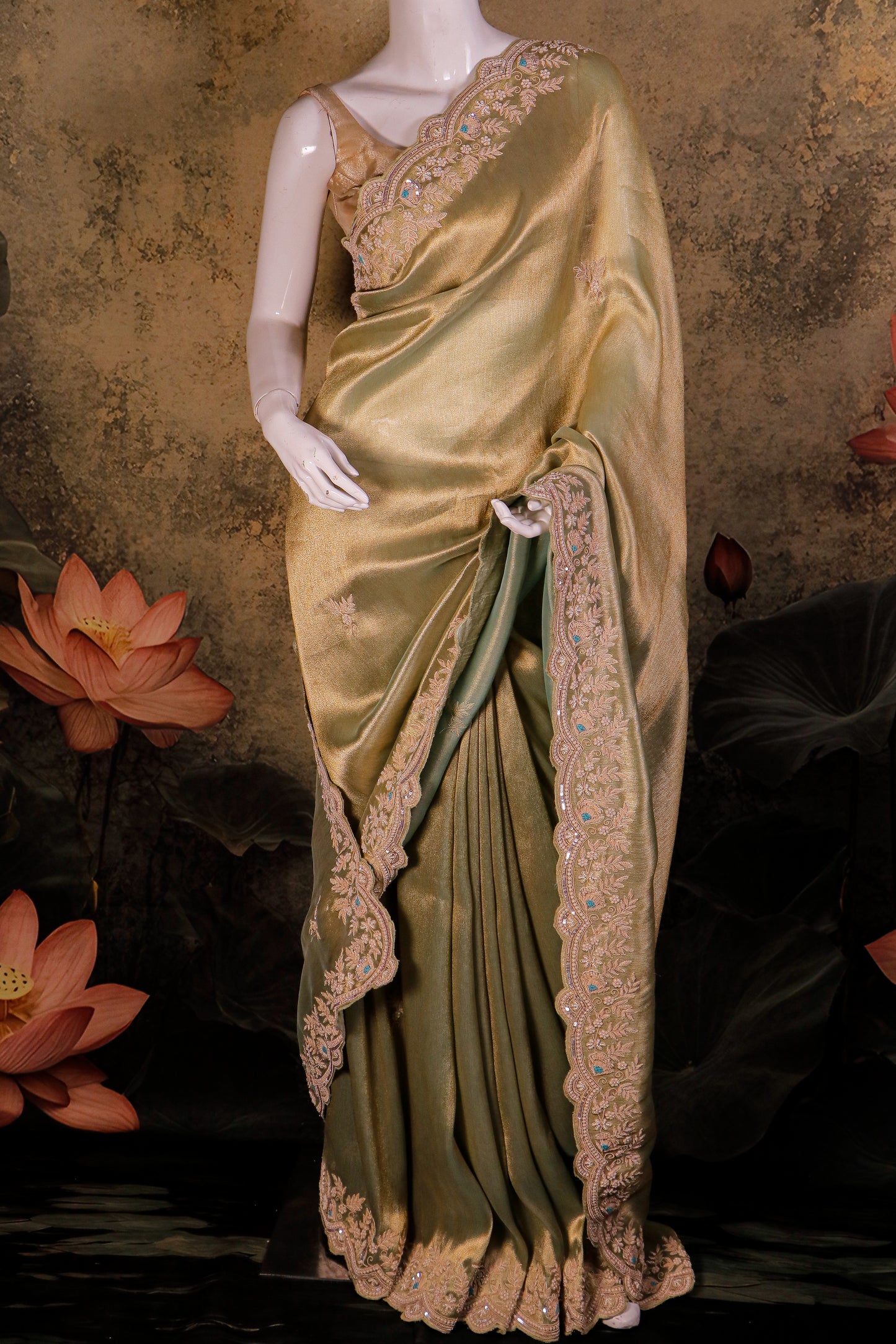 Sage Gold Silk Saree with Hand-Embroidered Scalloped Border