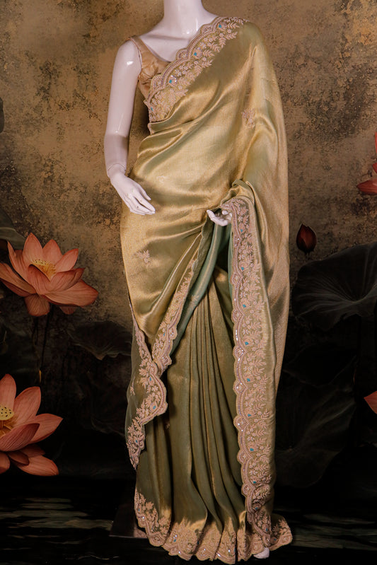 Sage Gold Silk Saree with Hand-Embroidered Scalloped Border