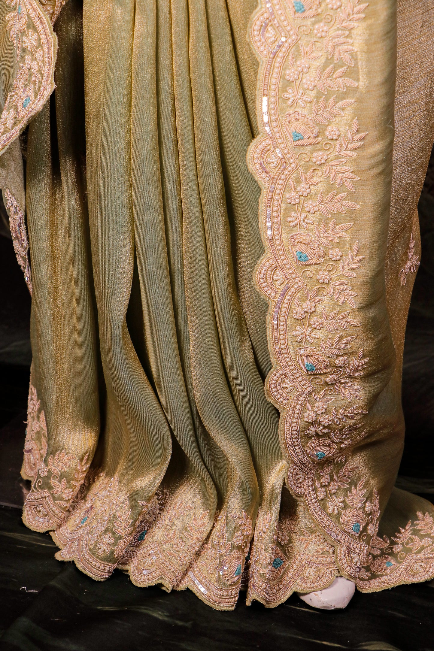 Sage Gold Silk Saree with Hand-Embroidered Scalloped Border