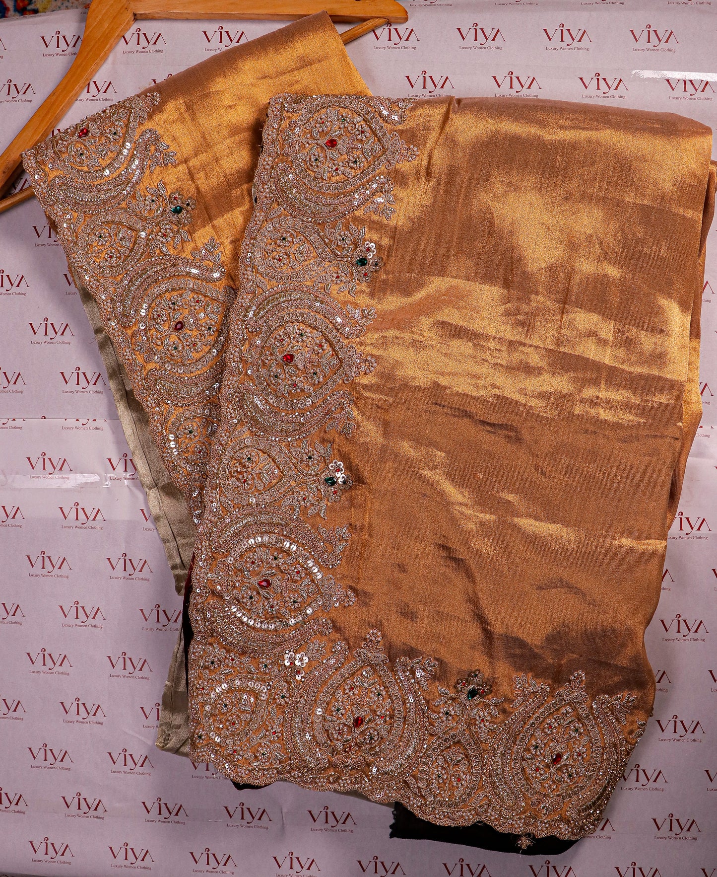 Ivory & Antique Gold Silk Saree with Heavy Hand-Embroidered Zardozi Border