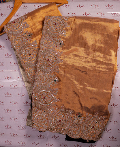 Ivory & Antique Gold Silk Saree with Heavy Hand-Embroidered Zardozi Border