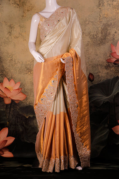 Ivory & Antique Gold Silk Saree with Heavy Hand-Embroidered Zardozi Border