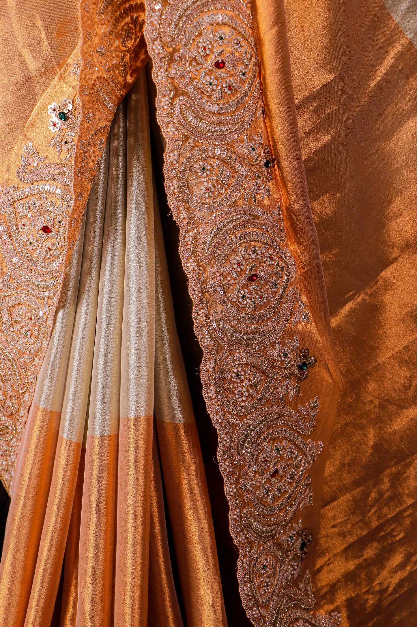 Ivory & Antique Gold Silk Saree with Heavy Hand-Embroidered Zardozi Border