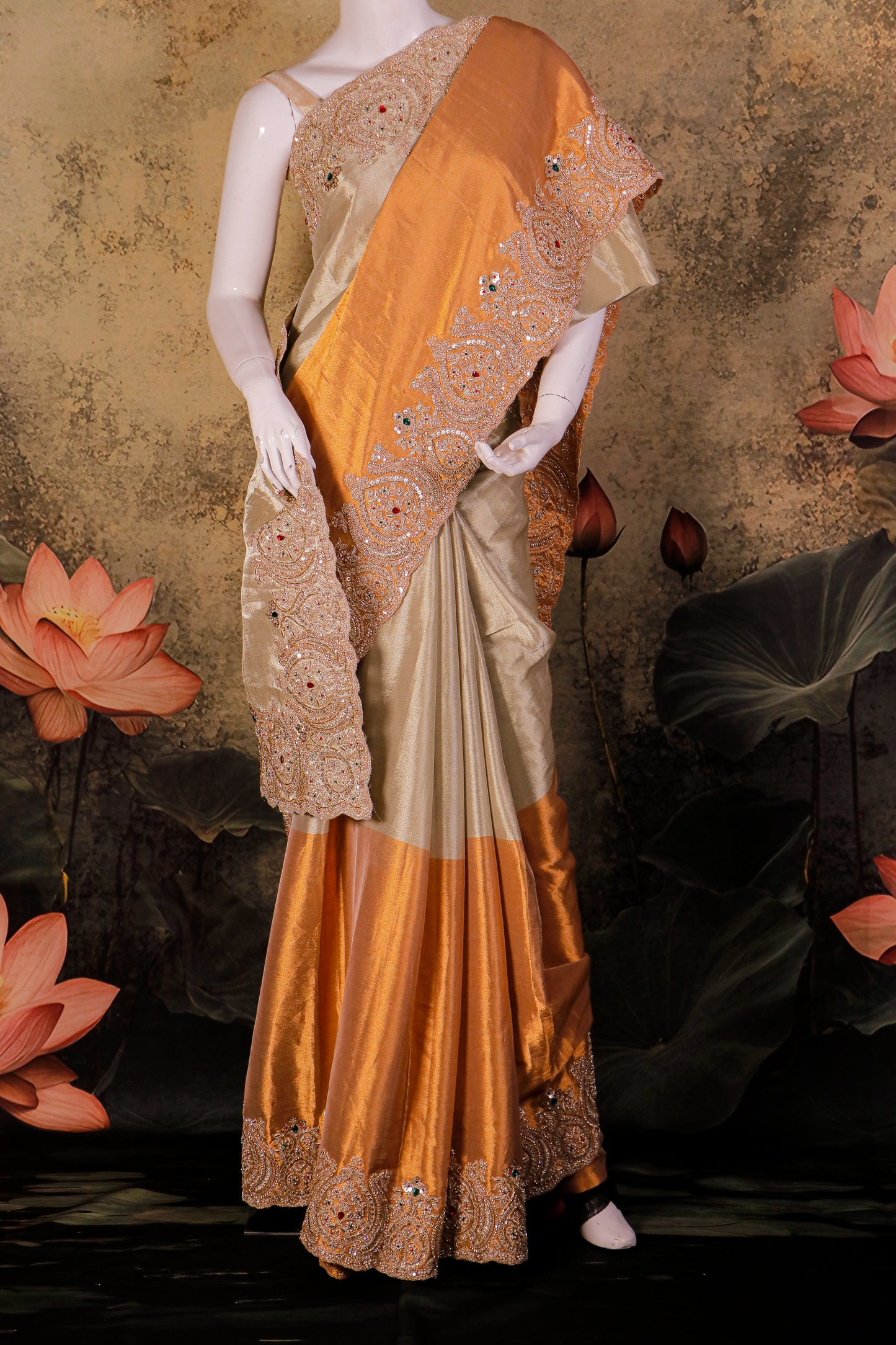 Ivory & Antique Gold Silk Saree with Heavy Hand-Embroidered Zardozi Border