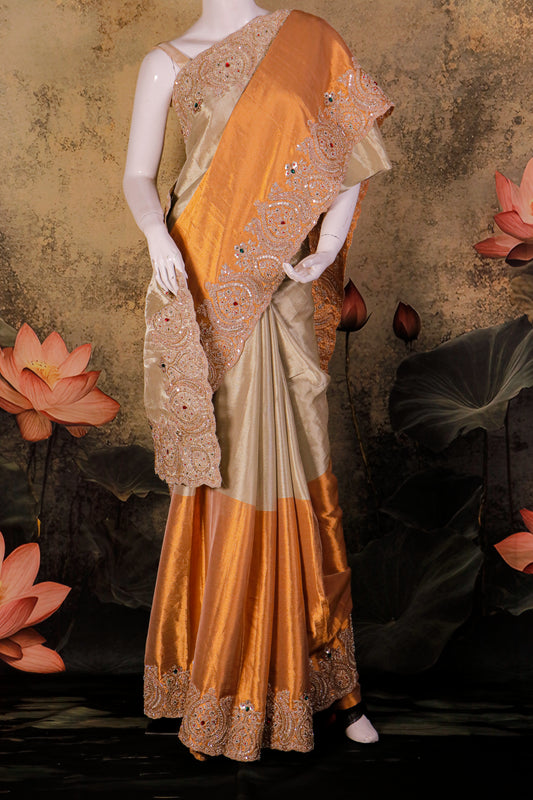 Ivory & Antique Gold Silk Saree with Heavy Hand-Embroidered Zardozi Border
