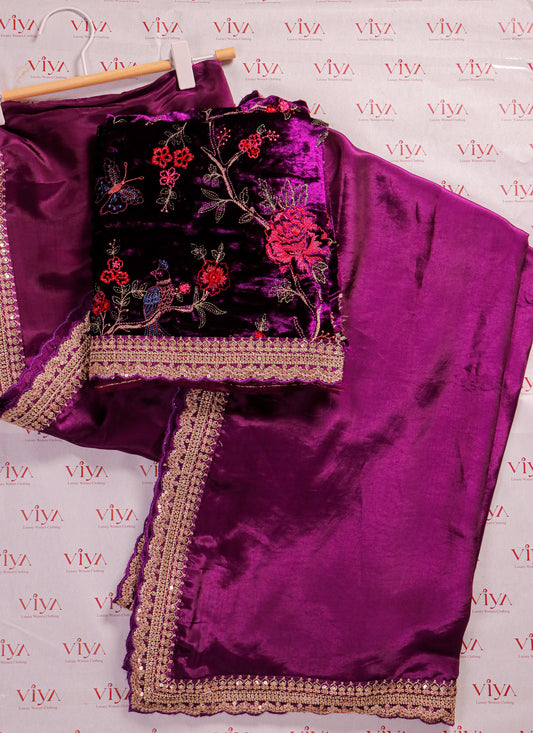Royal Plum Silk Saree with Delicate Hand-Embroidered Border