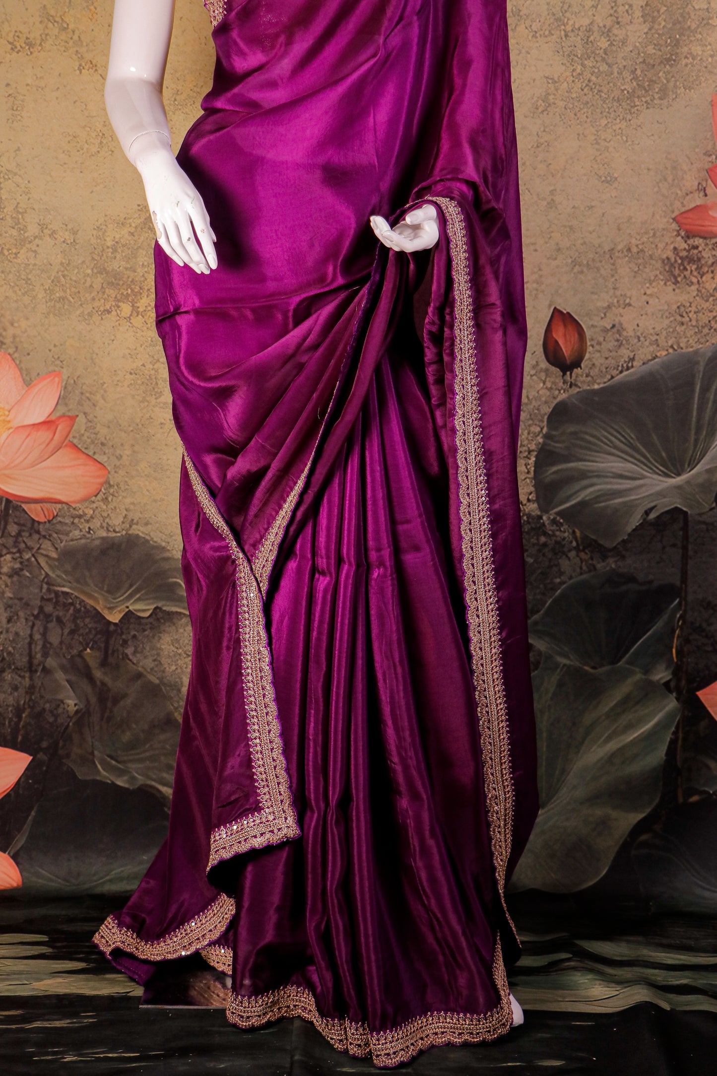 Royal Plum Silk Saree with Delicate Hand-Embroidered Border