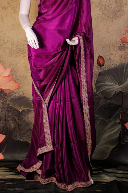 Royal Plum Silk Saree with Delicate Hand-Embroidered Border