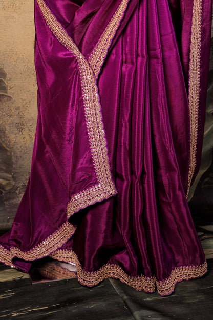Royal Plum Silk Saree with Delicate Hand-Embroidered Border
