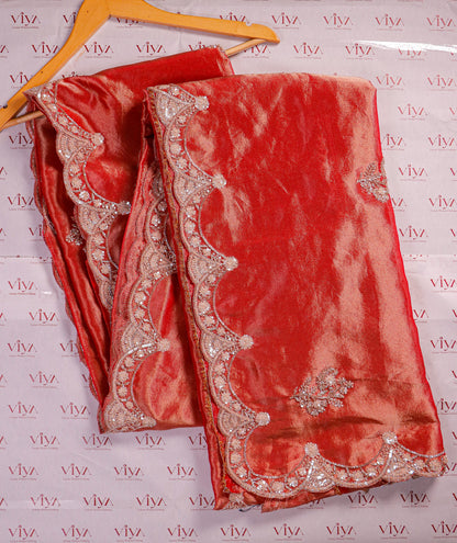 Deep Crimson Velvet Silk Saree with Hand-Embroidered Scalloped Border