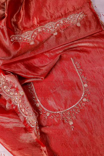 Deep Crimson Velvet Silk Saree with Hand-Embroidered Scalloped Border
