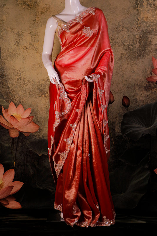 Deep Crimson Velvet Silk Saree with Hand-Embroidered Scalloped Border