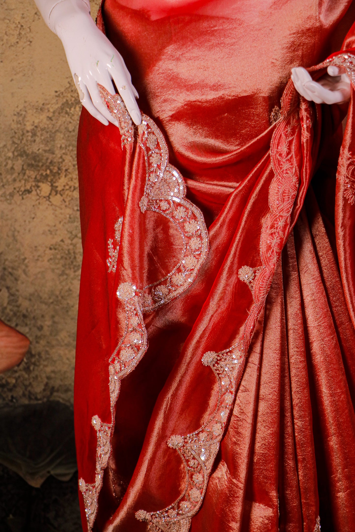 Deep Crimson Velvet Silk Saree with Hand-Embroidered Scalloped Border