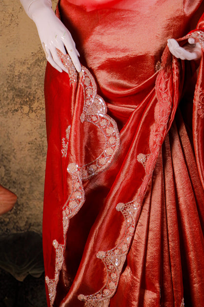 Deep Crimson Velvet Silk Saree with Hand-Embroidered Scalloped Border
