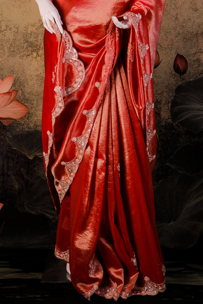 Deep Crimson Velvet Silk Saree with Hand-Embroidered Scalloped Border