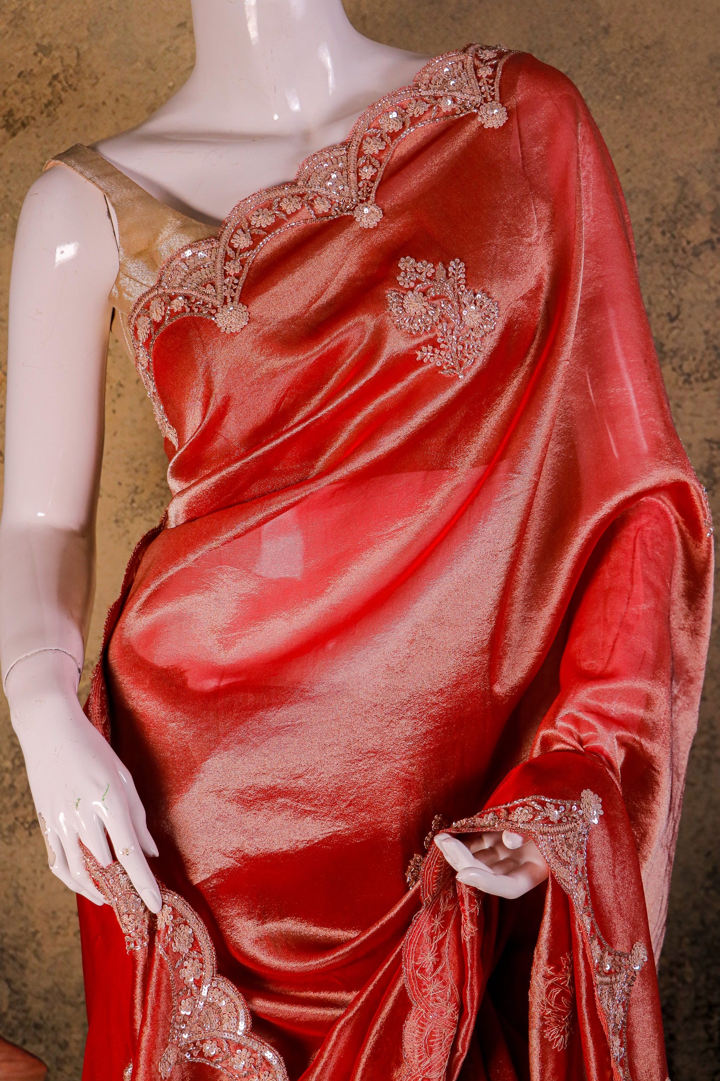 Deep Crimson Velvet Silk Saree with Hand-Embroidered Scalloped Border