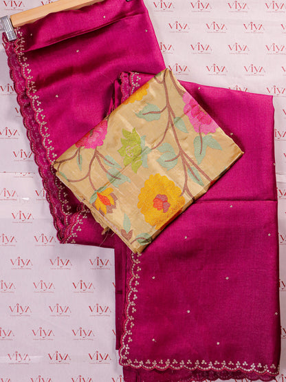 Handcrafted Tussar Silk Saree with Peta Embellishment & Jamdani Blouse