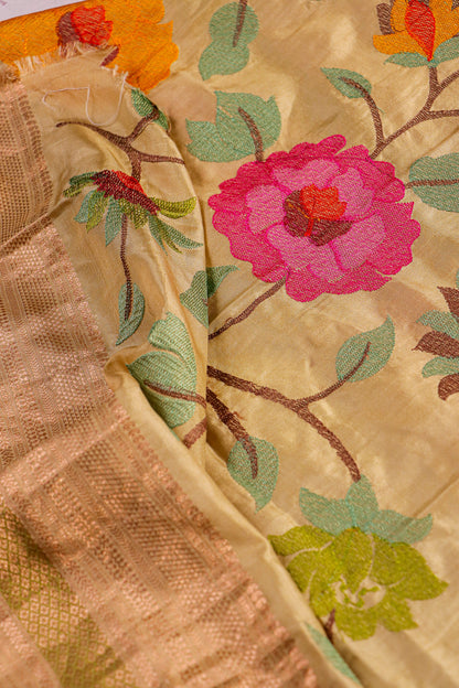 Handcrafted Tussar Silk Saree with Peta Embellishment & Jamdani Blouse