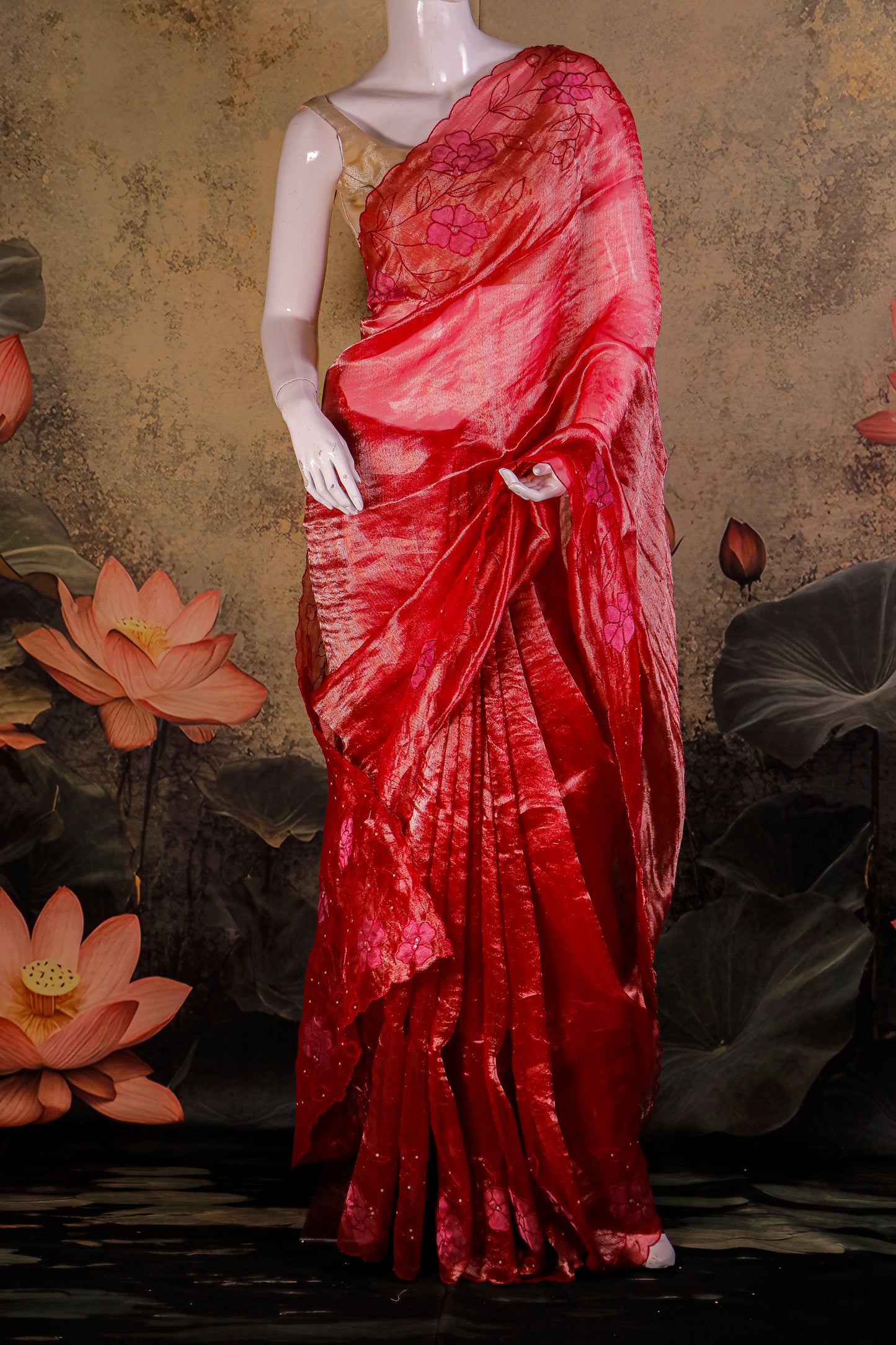 Handcrafted Pure Tissue Silk Saree with Appliqué & Embroidery with Crepe Blouse