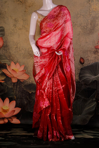 Handcrafted Pure Tissue Silk Saree with Appliqué & Embroidery with Crepe Blouse