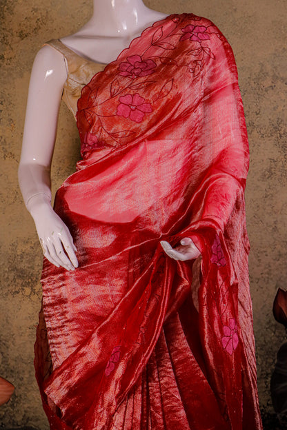 Handcrafted Pure Tissue Silk Saree with Appliqué & Embroidery with Crepe Blouse