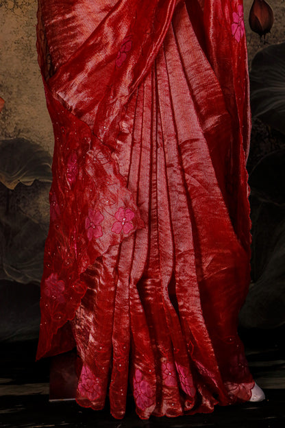 Handcrafted Pure Tissue Silk Saree with Appliqué & Embroidery with Crepe Blouse