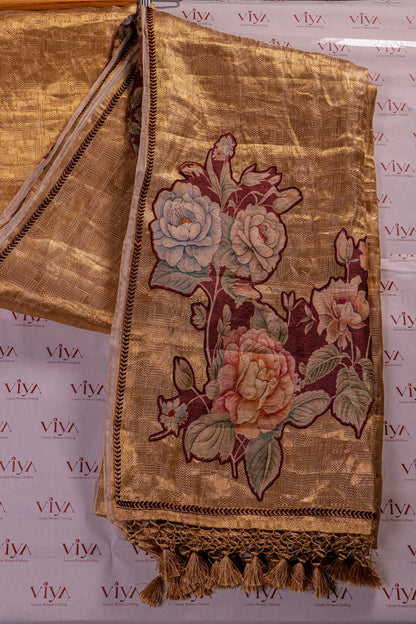 Pure Kanjeevaram Tissue Brocade Saree with Applique Detailing & Tussar Silk Blouse