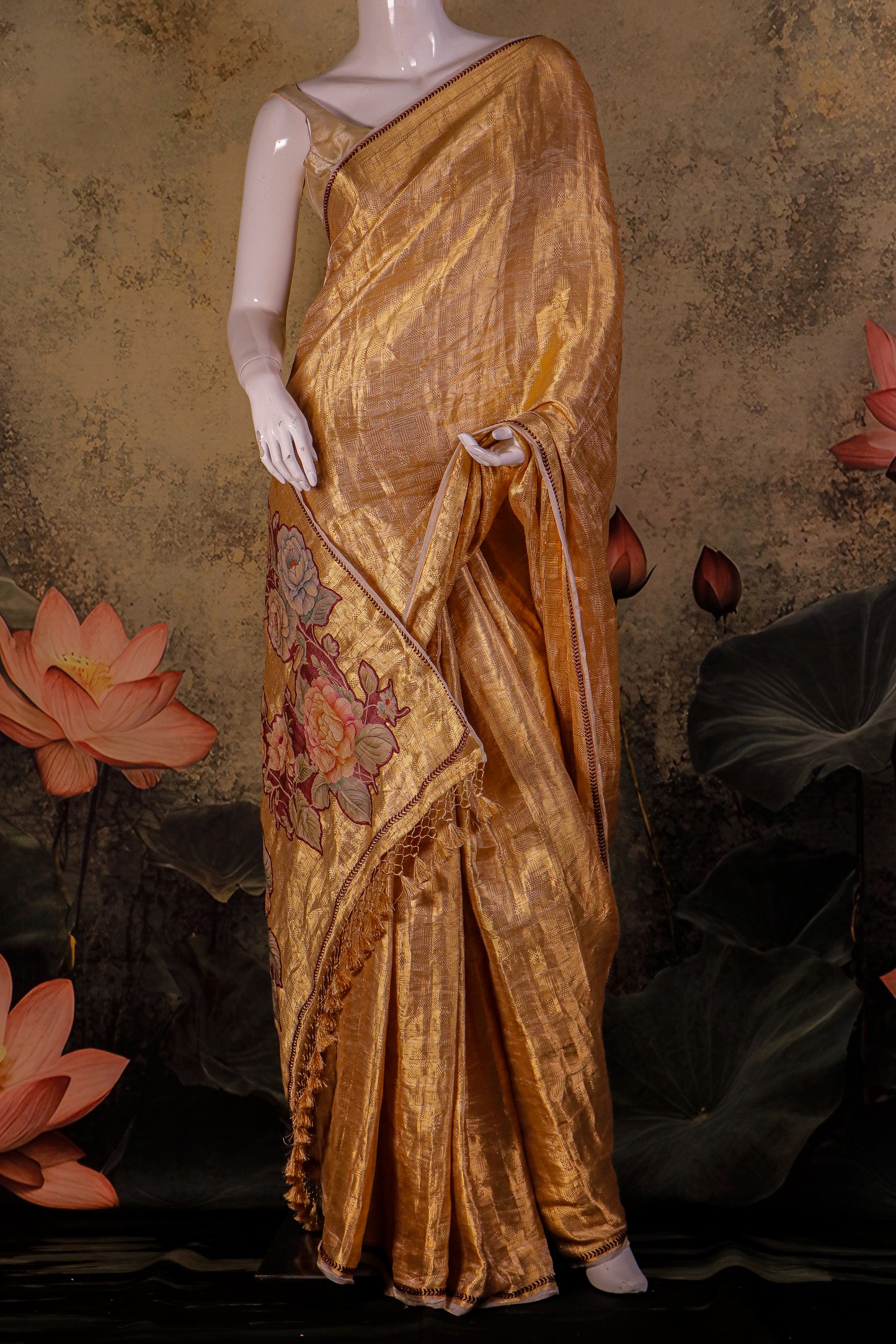 Pure Kanjeevaram Tissue Brocade Saree with Applique Detailing & Tussar Silk Blouse