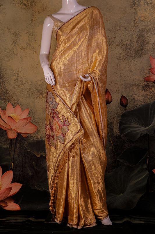Pure Kanjeevaram Tissue Brocade Saree with Applique Detailing & Tussar Silk Blouse