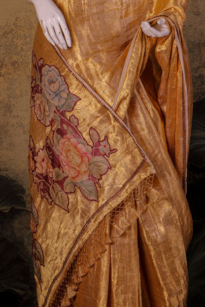 Pure Kanjeevaram Tissue Brocade Saree with Applique Detailing & Tussar Silk Blouse