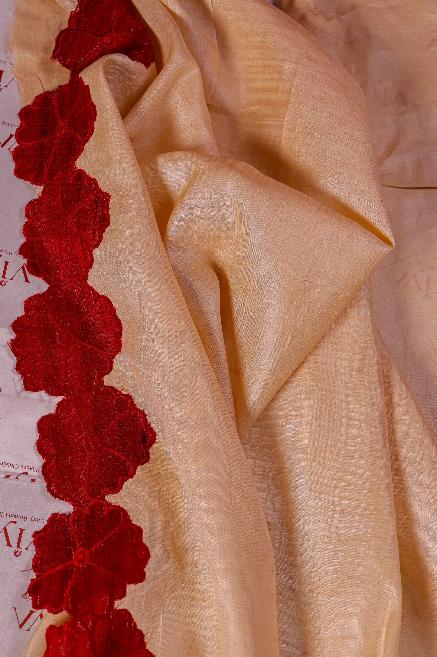 Pure Tussar Silk Saree with Bandhini Print & Hand-Applique Floral Border