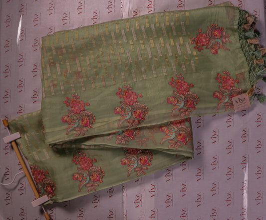 Pure Kora Silk Saree with Hand Embroidery & Woven Gold Accents