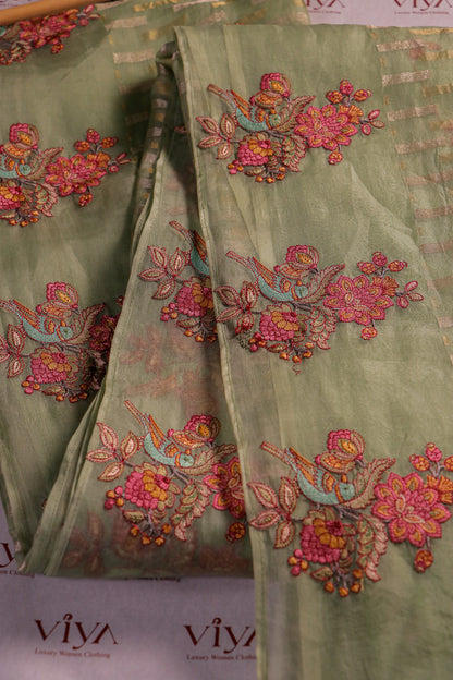 Pure Kora Silk Saree with Hand Embroidery & Woven Gold Accents