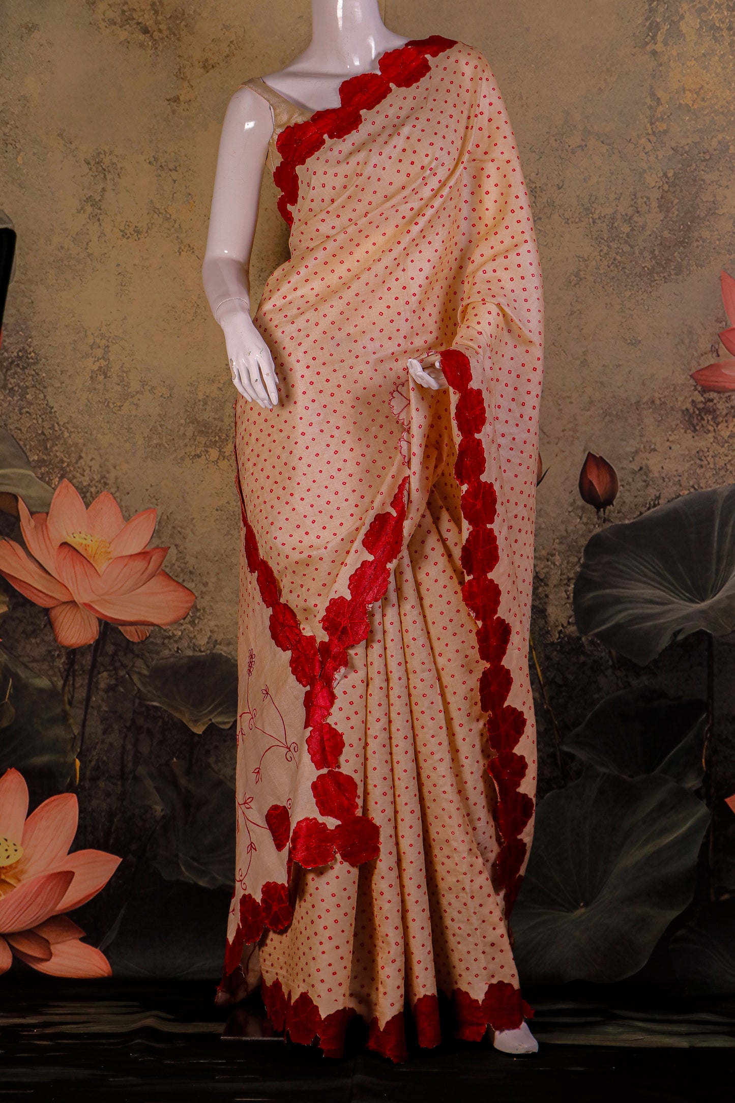 Pure Tussar Silk Saree with Bandhini Print & Hand-Applique Floral Border