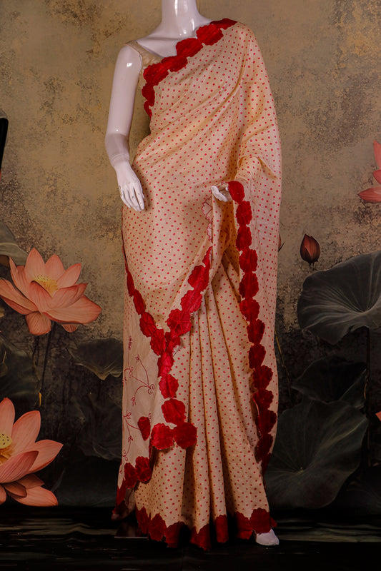Pure Tussar Silk Saree with Bandhini Print & Hand-Applique Floral Border